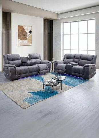 Hannah Fabric Electric Recliner Sofa 3+2 Seater Set - 3+2 Seater Sofa With Cup-Holders/LED Lights