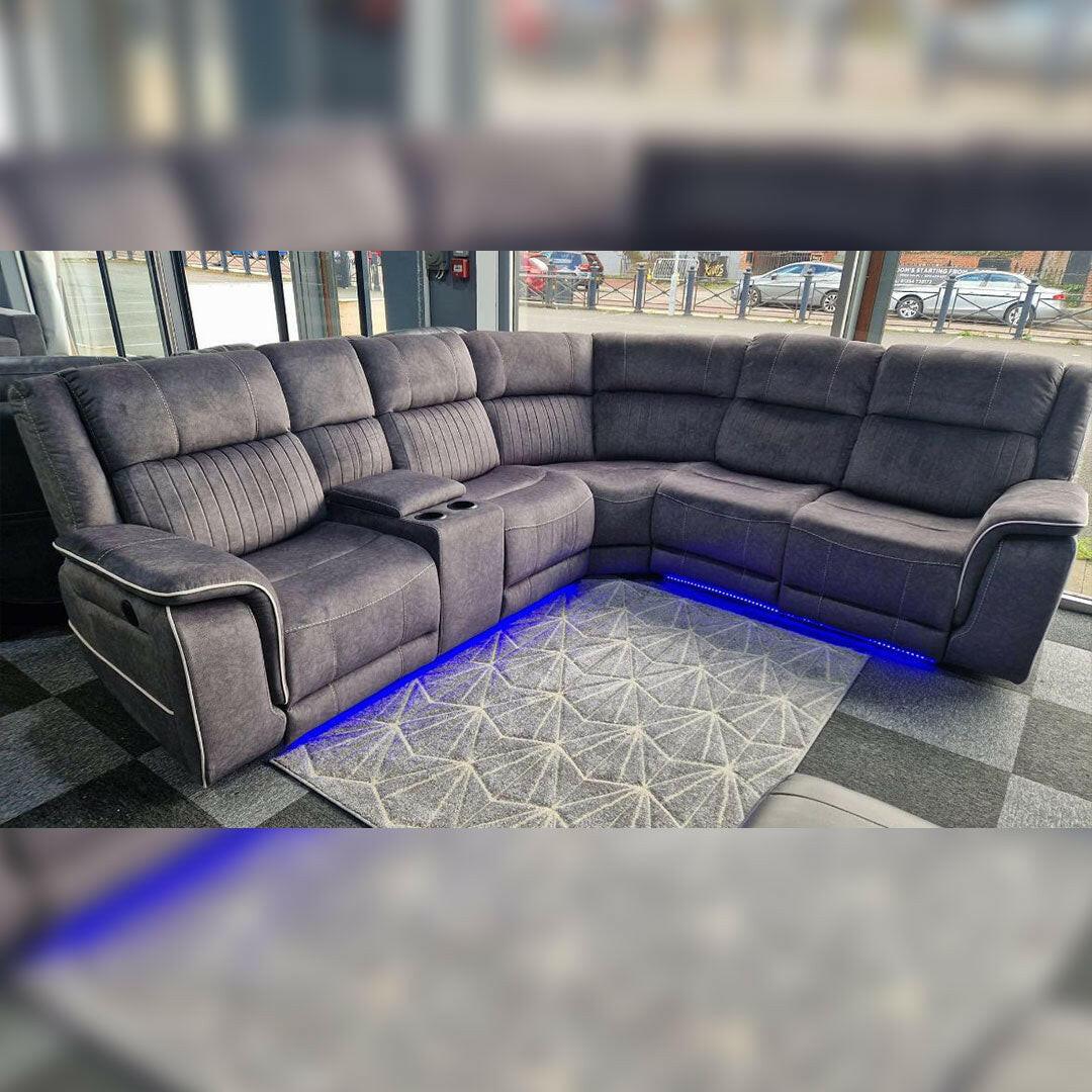 Hannah Fabric Electric Recliner Corner Sofa- Fabric Corner Sofa With - Cup Holders/LED Lights