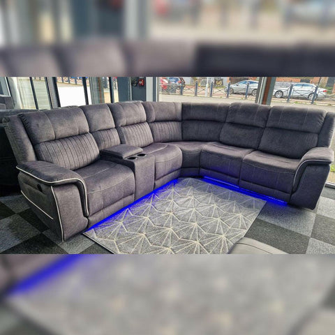 Hannah Fabric Electric Recliner Corner Sofa- Fabric Corner Sofa With - Cup Holders/LED Lights