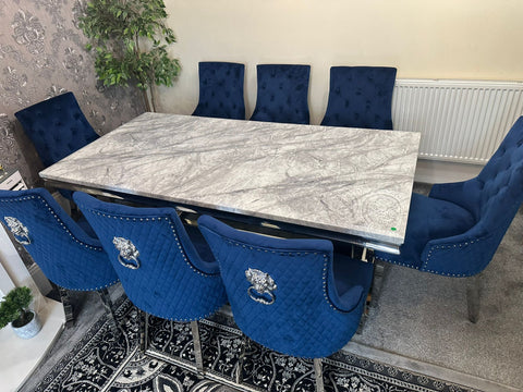 Grey Ariana Dining Table With Navy Blue Majestic Chairs