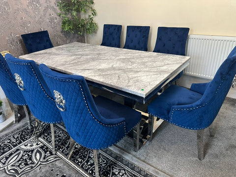 Grey Ariana Dining Table With Navy Blue Majestic Chairs