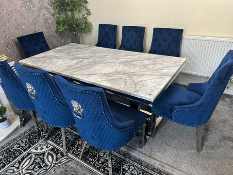 Grey Ariana Dining Table With Navy Blue Majestic Chairs