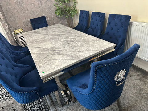 Grey Ariana Dining Table With Navy Blue Majestic Chairs