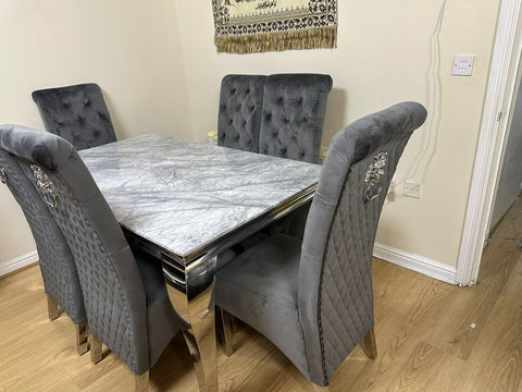 Grey Louis Chrome Dining Table with Dark Grey Sofia Chairs