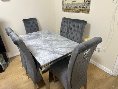 Grey Louis Chrome Dining Table with Dark Grey Sofia Chairs