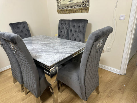 Grey Louis Chrome Dining Table with Dark Grey Sofia Chairs