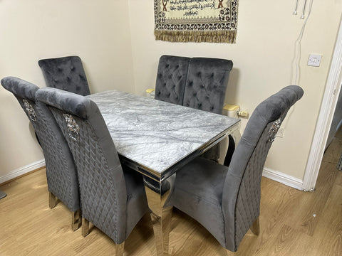 Grey Louis Chrome Dining Table with Dark Grey Sofia Chairs