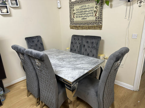 Grey Louis Chrome Dining Table with Dark Grey Sofia Chairs
