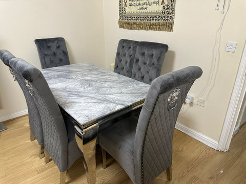 Grey Louis Chrome Dining Table with Dark Grey Sofia Chairs
