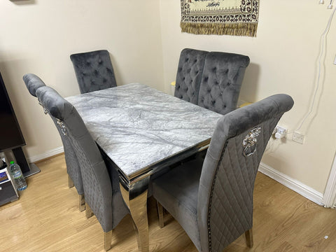 Grey Louis Chrome Dining Table with Dark Grey Sofia Chairs