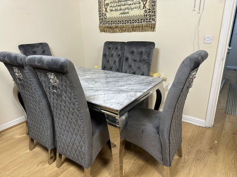 Grey Louis Chrome Dining Table with Dark Grey Sofia Chairs