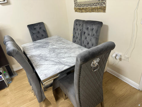Grey Louis Chrome Dining Table with Dark Grey Sofia Chairs