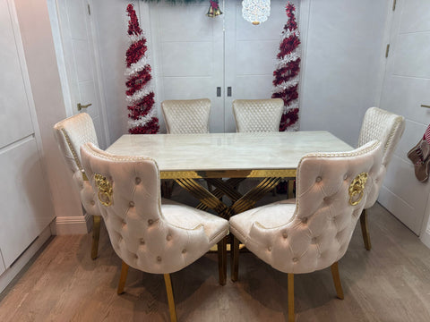 Cream Elina Gold Dining Table With Victoria Cream Gold Lion Knocker Chairs