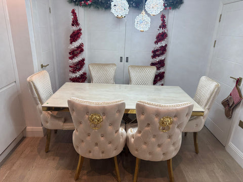 Cream Elina Gold Dining Table With Victoria Cream Gold Lion Knocker Chairs