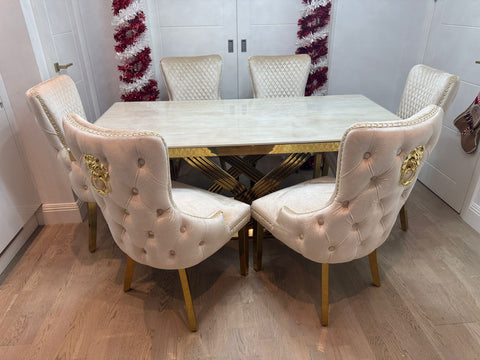 Cream Elina Gold Dining Table With Victoria Cream Gold Lion Knocker Chairs