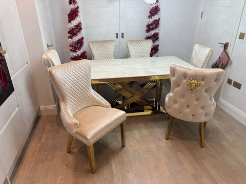 Cream Elina Gold Dining Table With Victoria Cream Gold Lion Knocker Chairs