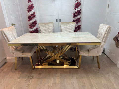Cream Elina Gold Dining Table With Victoria Cream Gold Lion Knocker Chairs
