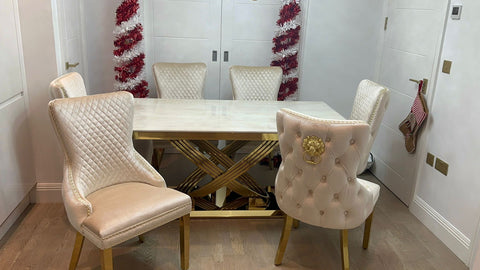 Cream Elina Gold Dining Table With Victoria Cream Gold Lion Knocker Chairs