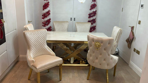 Cream Elina Gold Dining Table With Victoria Cream Gold Lion Knocker Chairs