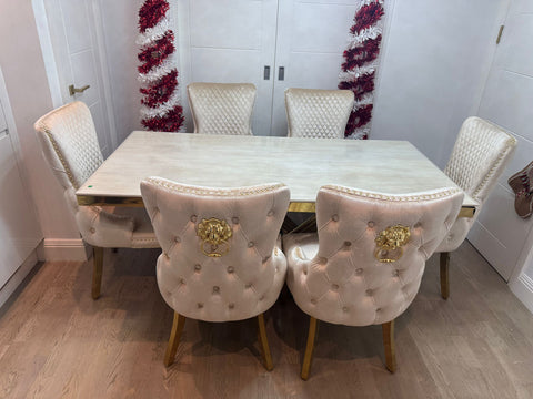 Cream Elina Gold Dining Table With Victoria Cream Gold Lion Knocker Chairs