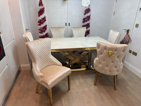 Cream Elina Gold Dining Table With Victoria Cream Gold Lion Knocker Chairs