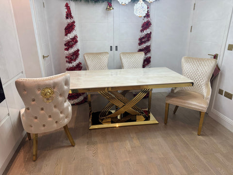 Cream Elina Gold Dining Table With Victoria Cream Gold Lion Knocker Chairs