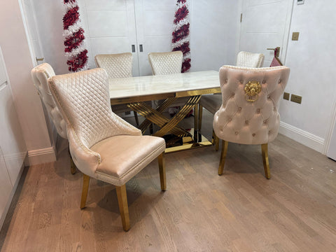 Cream Elina Gold Dining Table With Victoria Cream Gold Lion Knocker Chairs
