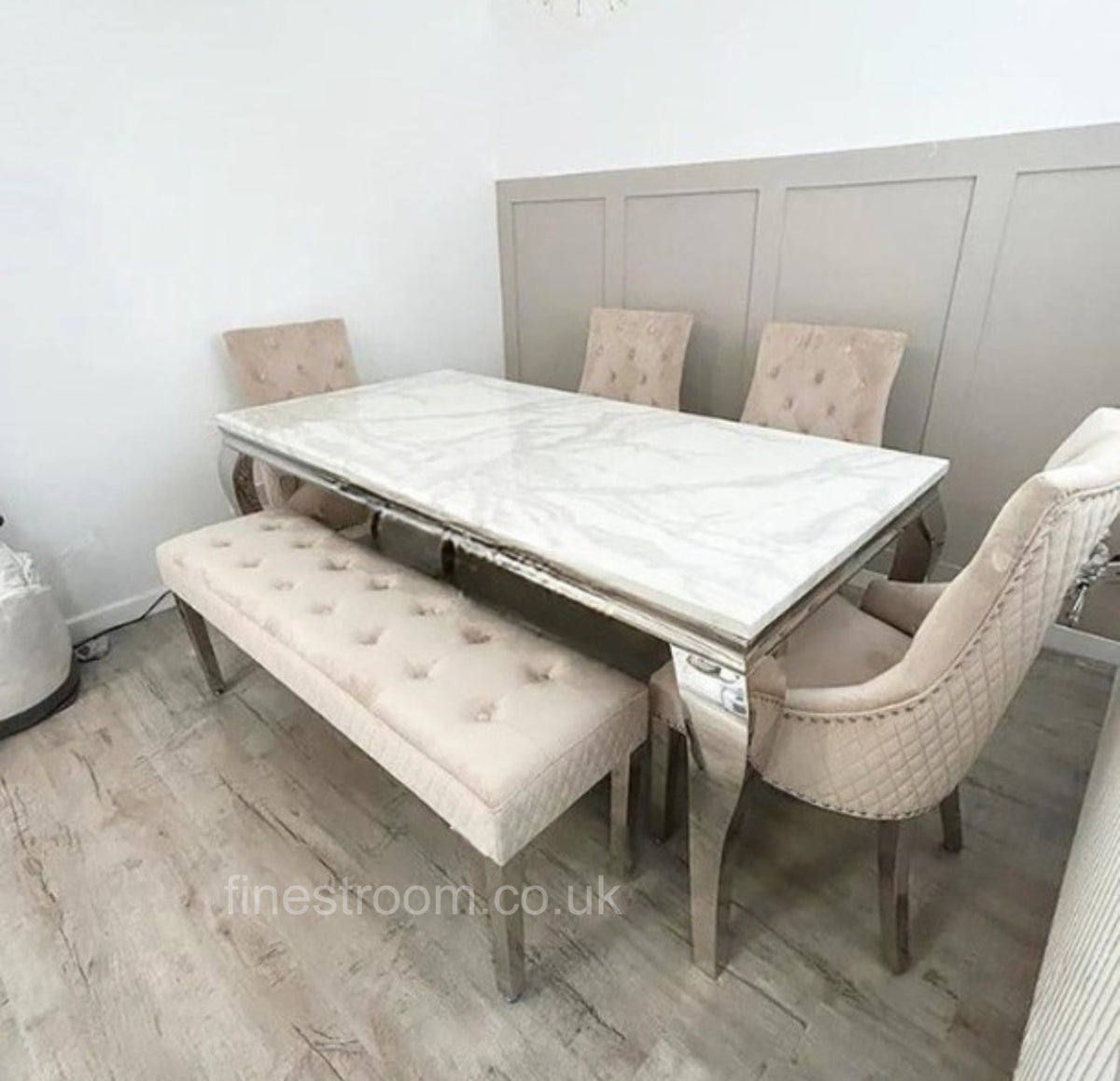 White Louis Dining Table With Mink Majestic Chairs & Bench
