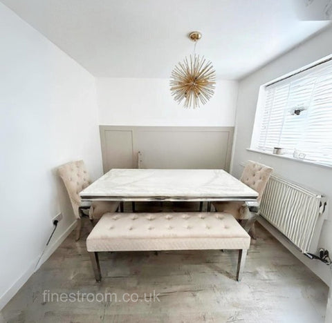 White Louis Dining Table With Mink Majestic Chairs & Bench