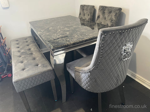 Black Louis Dining Table With Dark Grey Majestic Chairs & Bench