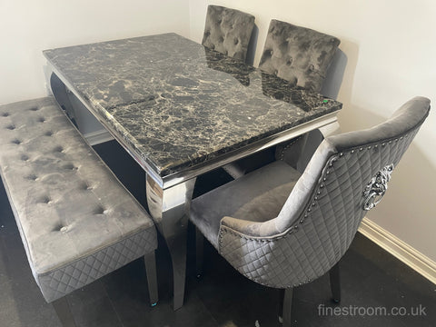 Black Louis Dining Table With Dark Grey Majestic Chairs & Bench