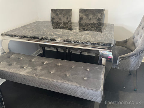 Black Louis Dining Table With Dark Grey Majestic Chairs & Bench