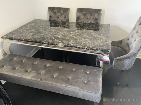 Black Louis Dining Table With Dark Grey Majestic Chairs & Bench