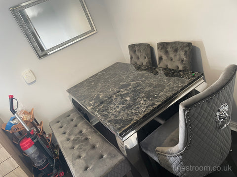 Black Louis Dining Table With Dark Grey Majestic Chairs & Bench