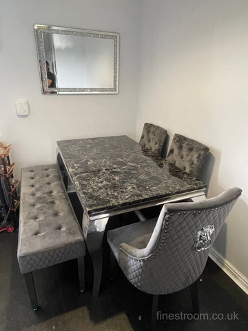Black Louis Dining Table With Dark Grey Majestic Chairs & Bench