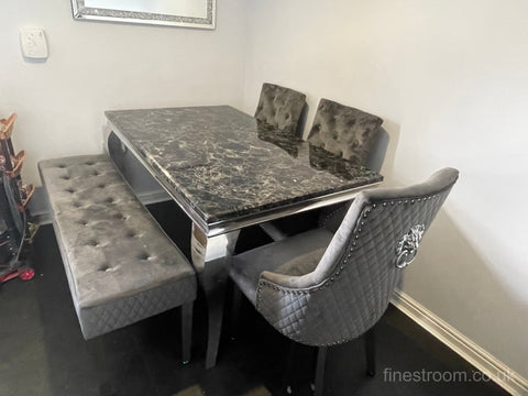 Black Louis Dining Table With Dark Grey Majestic Chairs & Bench