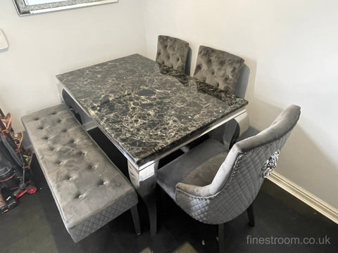 Black Louis Dining Table With Dark Grey Majestic Chairs & Bench