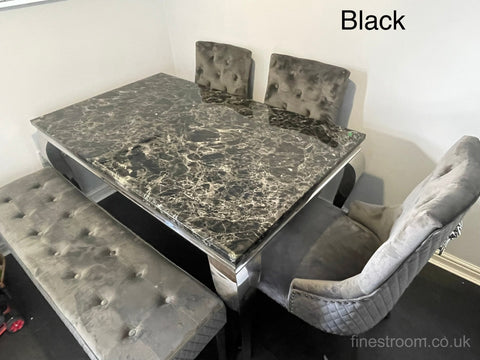Black Louis Dining Table With Dark Grey Majestic Chairs & Bench