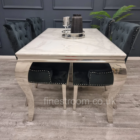 White Louis Dining Table With Black Valencia Chairs