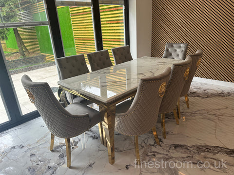 White Gold Louis Dining Table With Light Grey Gold Majestic Chairs