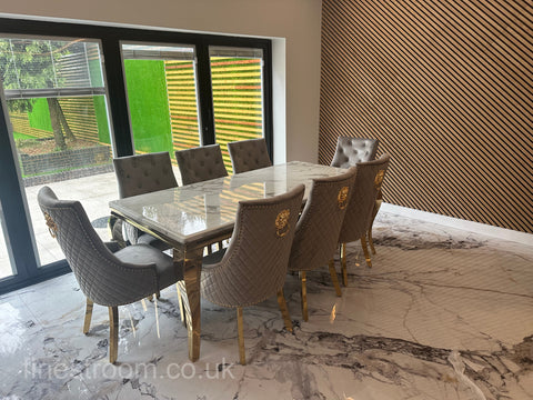 White Gold Louis Dining Table With Light Grey Gold Majestic Chairs