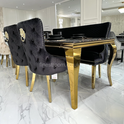 Black Gold Louis Dining Table With Black Gold LK Victoria Chairs & High Back Bench