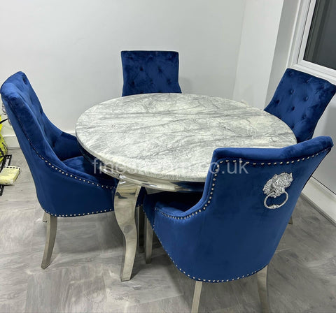 1.1M Round Grey Louis Dining Table With Navy Majestic Chairs