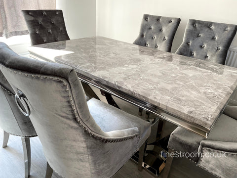 Grey Arial Dining Table With Silver Isabelle Chairs