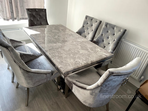 Grey Arial Dining Table With Silver Isabelle Chairs