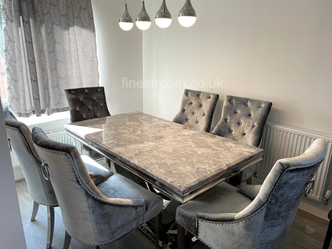 Grey Arial Dining Table with Silver Shimmer Isabelle Chairs