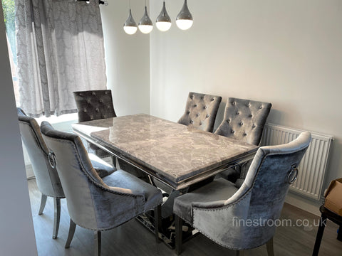 Grey Arial Dining Table With Silver Isabelle Chairs