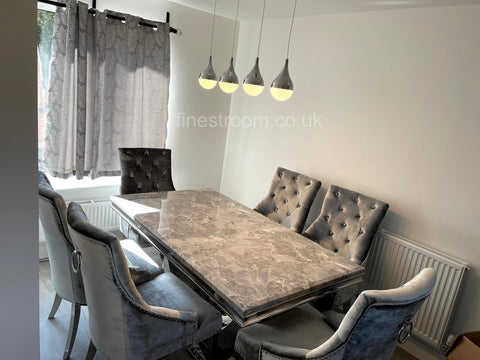 Grey Arial Dining Table with Silver Shimmer Isabelle Chairs