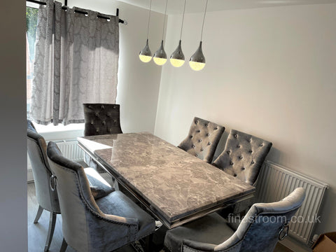 Grey Arial Dining Table With Silver Isabelle Chairs