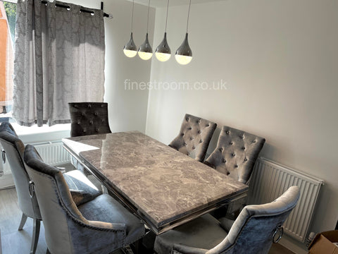 Grey Arial Dining Table with Silver Shimmer Isabelle Chairs